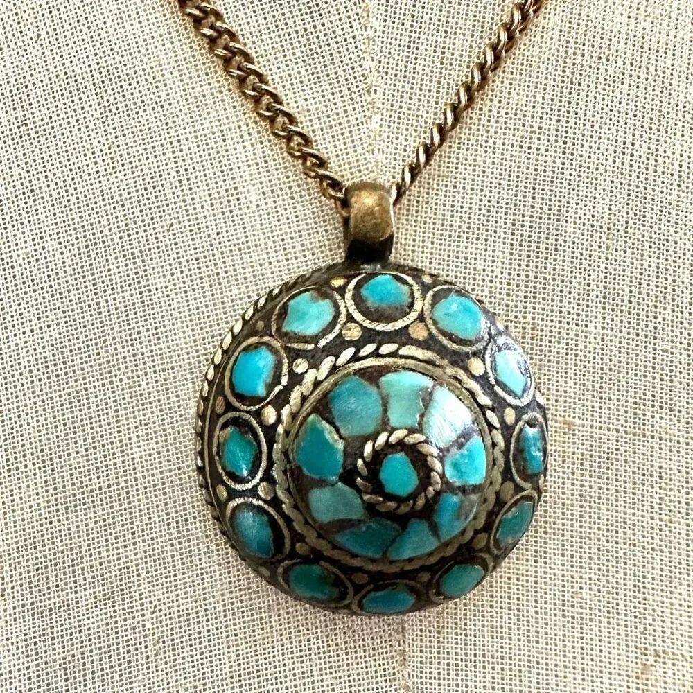 Turquoise Inlay Brass Pendant necklace Gold plated chain